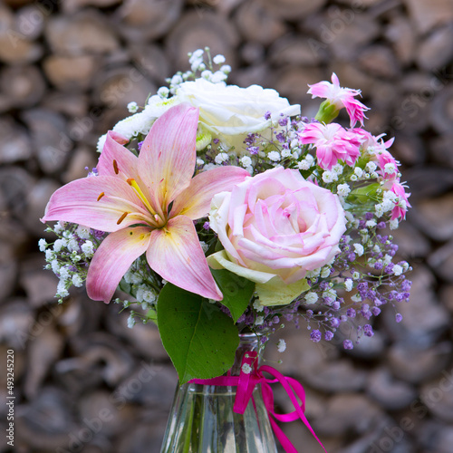 Valentine's Day Bouquet of colorful flowers isolated on gray background.