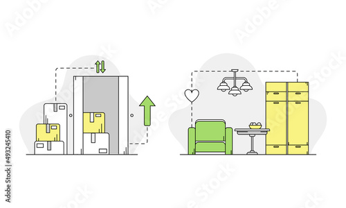Moving and relocation set. Cardboard boxes with personal belongings linear vector illustration