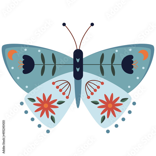 Folk style blue butterfly decorative graphic art