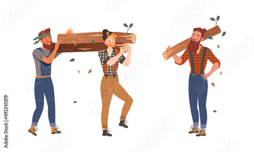 Lumberjacks carrying log set. Logging industry worker characters. Timberwood job cartoon vector illustration photo