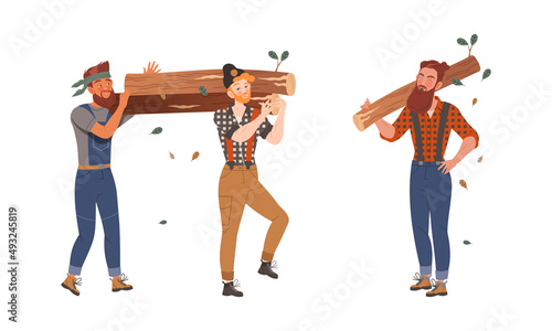 Lumberjacks carrying log set. Logging industry worker characters. Timberwood job cartoon vector illustration