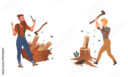 Lumberjacks cutting trees with axe set. Logging industry workers in plaid shirts cartoon vector illustration