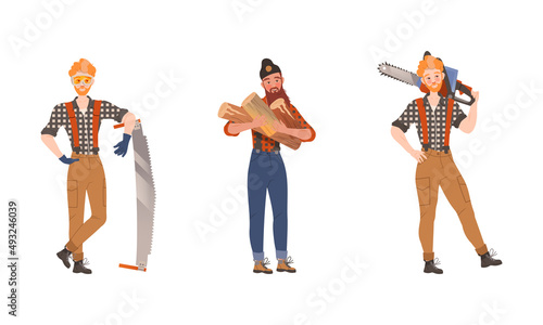 Lumberjacks sawing trees set. Logging industry workers with saw and chainsaw tools cartoon vector illustration