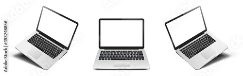 Perspective, top and front laptop view with blank screen