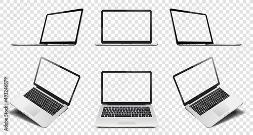 Laptop with transparent screen on transparent background. Perspective, top and front laptop view with transparent screen.