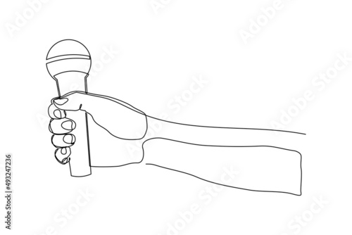 Continuous single one line drawing of hand holding microphone for interview vector illustration