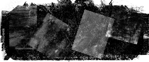 Glitch distorted geometric shape . Noise destroyed logo . Trendy defect error shapes . Glitched frame .Grunge textured . Distressed effect .Vector shapes with a halftone dots screen print texture.