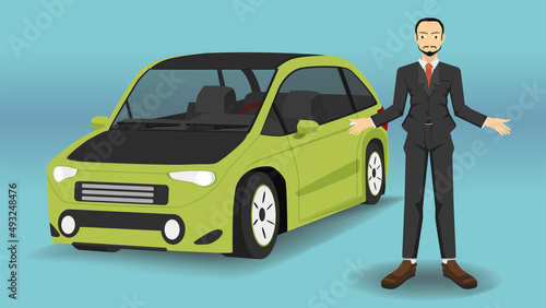 Salesman or businessman  in suit uniform at the Vehicle sales service center with electric vehicle sports car green color.