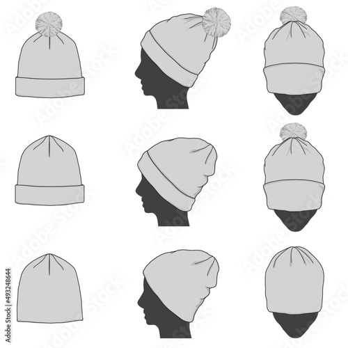 Beanie hat flat sketch fashion set mockup