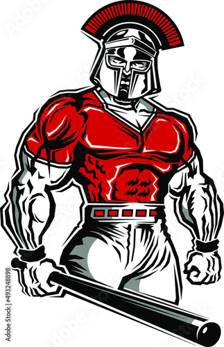 muscular spartan mascot holding a baseball bat for school  college or league