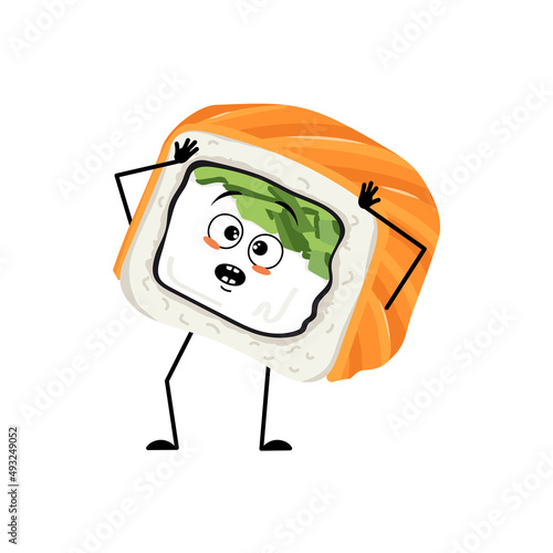 Sushi character with emotions in panic grabs his head, surprised face, shocked eyes, arms and legs. Person with scared expression, asian food emoticon. Vector flat illustration