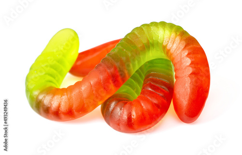 Colorful gummy worm candies isolated on the white background. photo