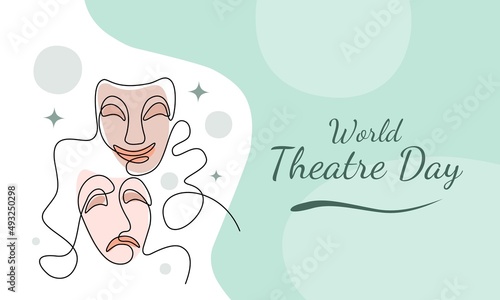 World theater day banner design, with character mask sketch, continuous one line drawing, vector illustration.