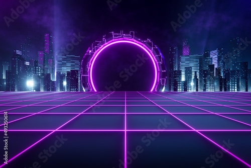 3d rendering futuristic sci fi city with pink neon wireframe ground. Downtown district at night with big hi tech portal.