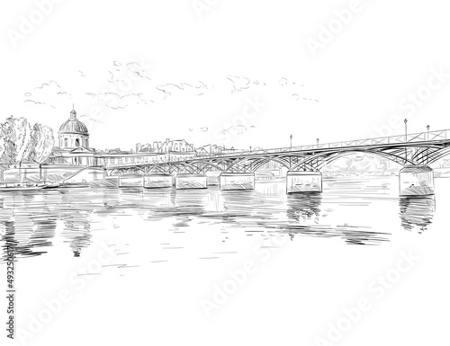 Bridge of Arts. Institute of France. Paris, France. Seine. Urban sketch. Hand drawn vector illustration