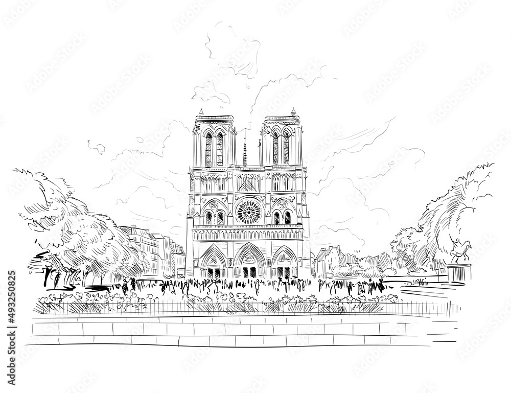The Cathedral of Notre Dame de Paris. Seine. Paris, France. Urban sketch. Hand drawn vector illustration