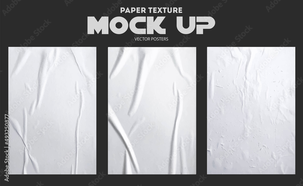 Collection of mockups of wrinkled glued paper for posters. Vector realistic mockup of wet wrinkled posters - obrazy, fototapety, plakaty 