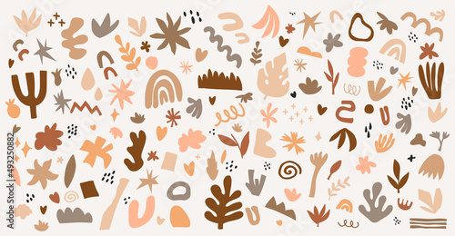Collection of minimalistic aesthetic doodles and abstract bright elements on isolated background. Large collection of elements, unusual shapes in matisse art style hand-drawn