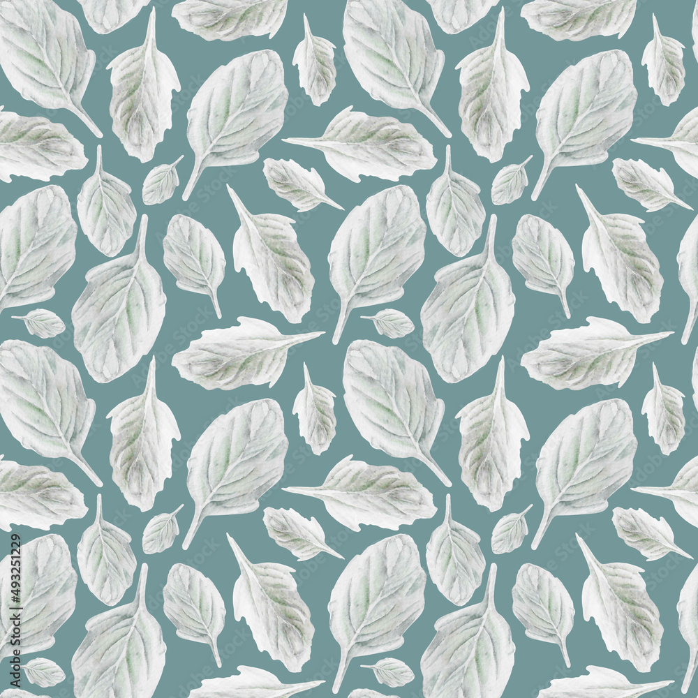 Fototapeta premium Watercolor seamless pattern with gray leaves on green background