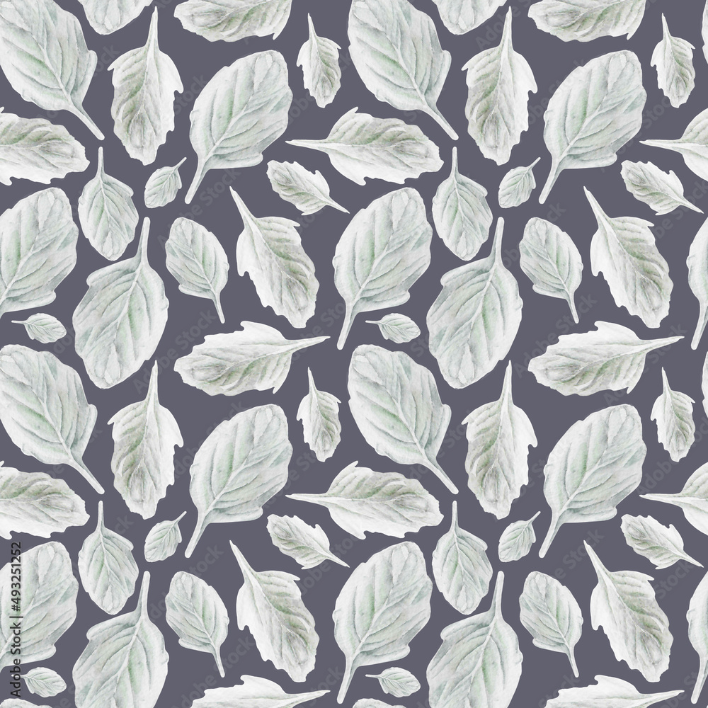Watercolor seamless pattern with gray leaves on gray background