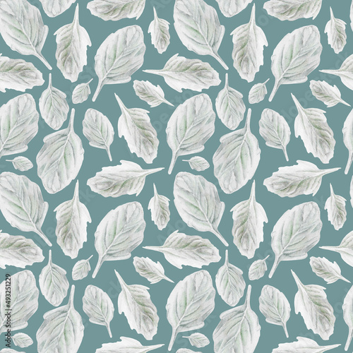 Watercolor seamless pattern with gray leaves on green background