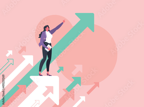 Leadership  leading to success or business vision concept. Businesswoman is pointing direction forward and standing on flying arrows in pink background.