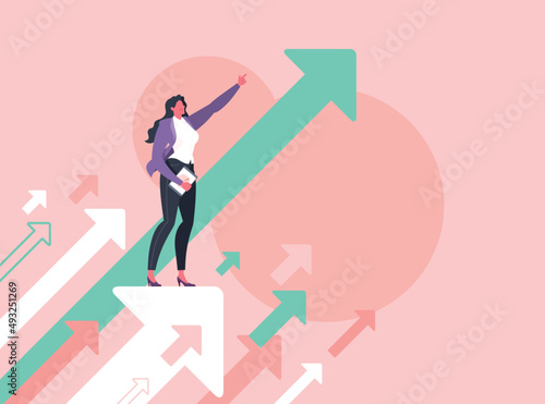 Leadership, leading to success or business vision concept. Businesswoman is pointing direction forward and standing on flying arrows in pink background.