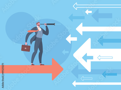 Searching for business opportunities, divergence strategy, think different or vision concept. Businessman is looking through monocular telescope and standing on flying arrow in blue background.