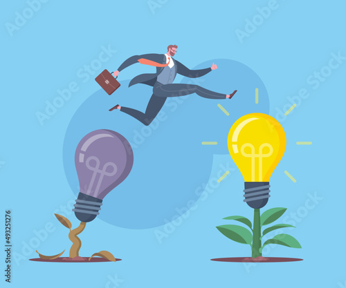 Business transformation, changing strategy, changing idea, realignment in business operations or new normal concept. Businessman is jumping from a dark light bulb to a bright one in blue background.