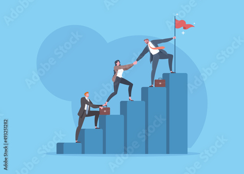 Successful teamwork, business goals, company vision, career growth, upskill, mentorship or business cooperation concept. Group of office workers are climbing and help together to the top of step. photo