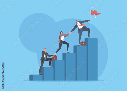 Successful teamwork, business goals, company vision, career growth, upskill, mentorship or business cooperation concept. Group of office workers are climbing and help together to the top of step.