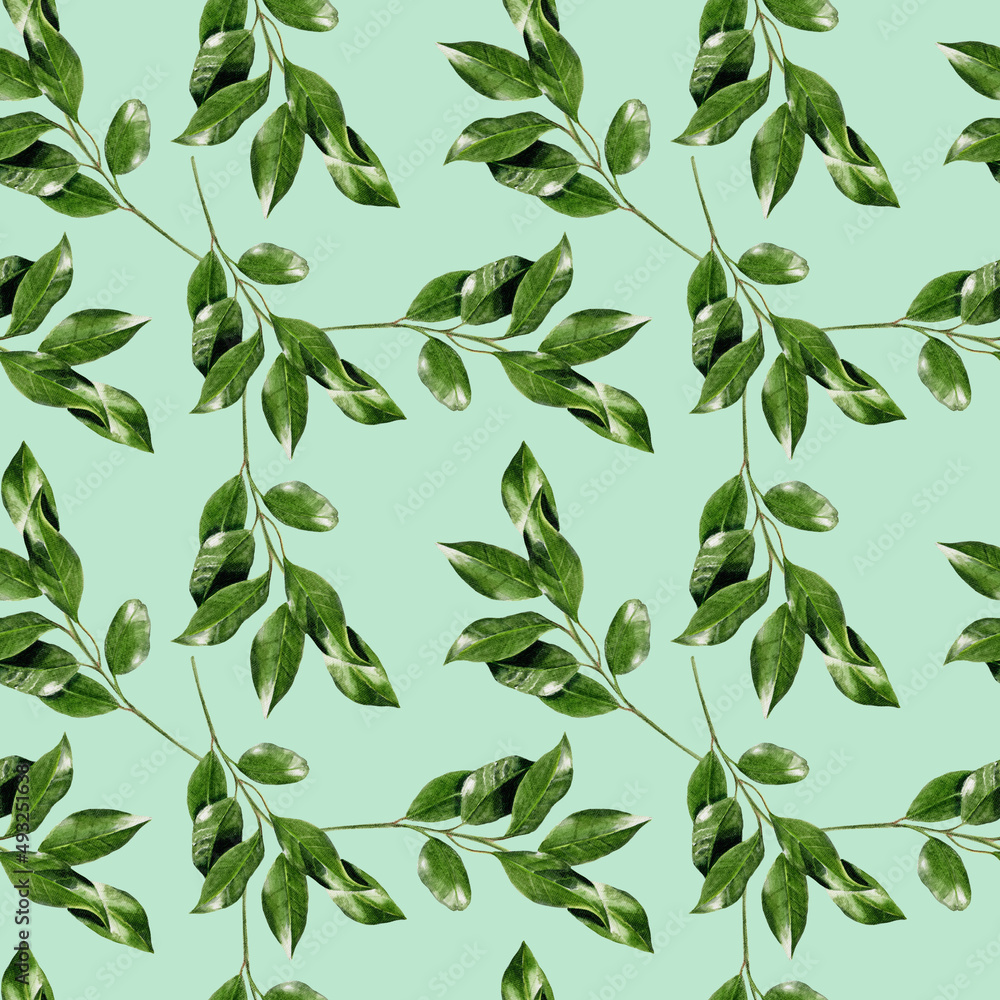 Watercolor seamless pattern with leaves on green background Watercolor seamless pattern with leaves on green background