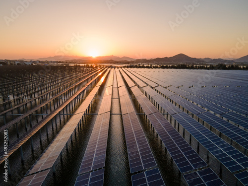 Photovoltaic solar farm on the beach in the morning