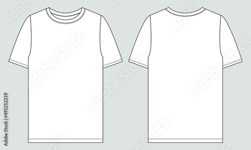 Regular fit Short sleeve T-shirt technical Sketch fashion Flat Template With Round neckline Front and back view. Clothing Art Drawing Vector illustration basic apparel design Mock up.

