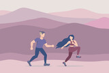 A guy and a girl run in the mountains. vector illustration