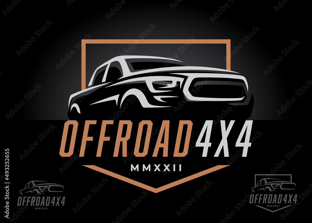 Off road 4x4 utility vehicle logo icon. All-terrain pickup truck symbol. Auto garage 4wd showroom dealership badge. Vector illustration. - obrazy, fototapety, plakaty 