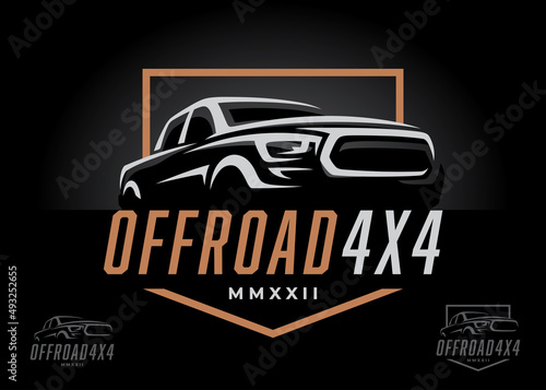 Off road 4x4 utility vehicle logo icon. All-terrain pickup truck symbol. Auto garage 4wd showroom dealership badge. Vector illustration.