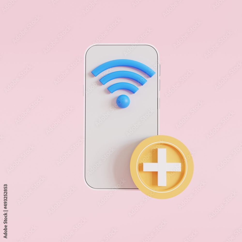 phone icon with wifi with plus button concept add add-on package, 3D render illustration phone icon with wifi with plus button concept add add-on package, 3D render illustration