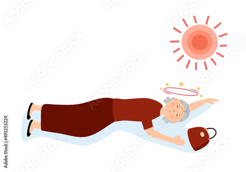 Senior woman fainting under strong sunlight in flat design on white background. Dizziness symptom.