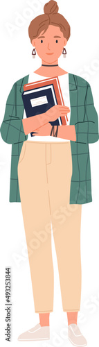 Young Female Student with Books Cartoon Illustration