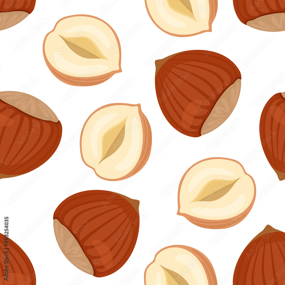 Hazelnut background. Vector seamless pattern with nuts. Cartoon flat illustration.