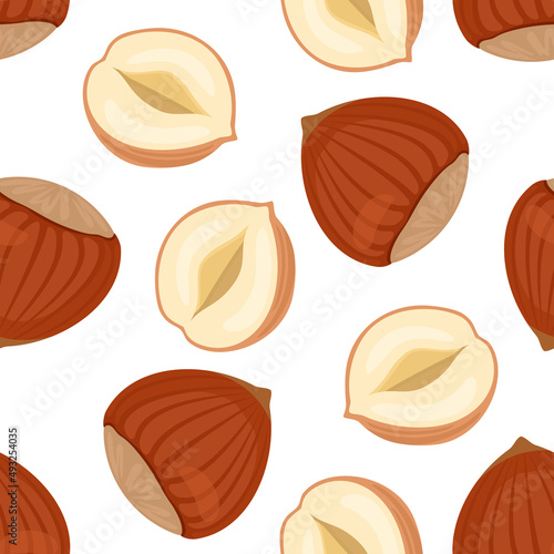 Hazelnut background. Vector seamless pattern with nuts. Cartoon flat illustration.