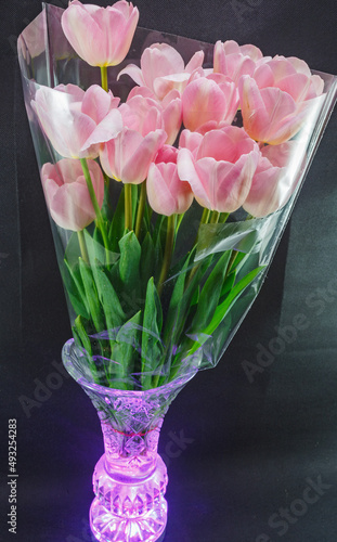 Bouquet of pink tulips in a vase with lighting