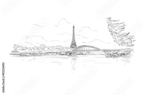 Paris, France. View from the embankment of the river Seine to the Débilly bridge and the Eiffel Tower.  Urban sketch. Hand drawn vector illustration