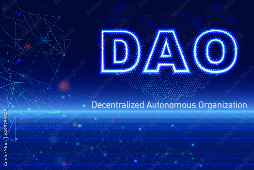 DAO, Decentralized Autonomous Organization concept futuristic design. DAO neon text, abstract handshake design. - obrazy, fototapety, plakaty 