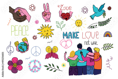 Make love not war. Peace doodle set with people, pigeon, heart, earth and flowers.