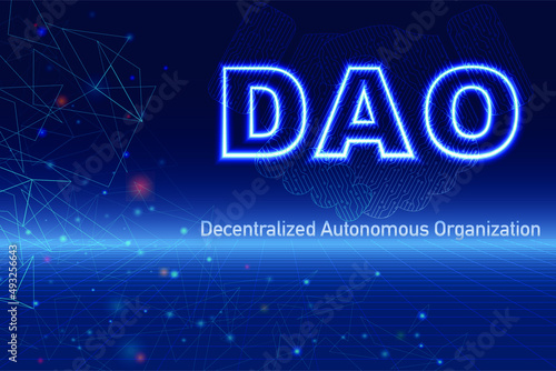 DAO, Decentralized Autonomous Organization concept futuristic design. DAO neon text, abstract handshake design. photo
