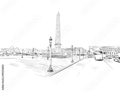 Luxor Obelisk. Place de la Concorde.  Paris, France. Urban sketch. Hand drawn vector illustration
