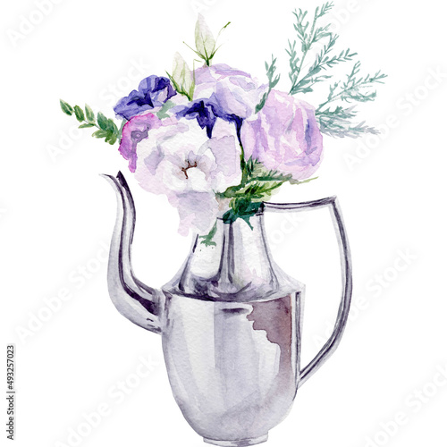 Watercolor illustration with bouquet in a silver teapot on white background