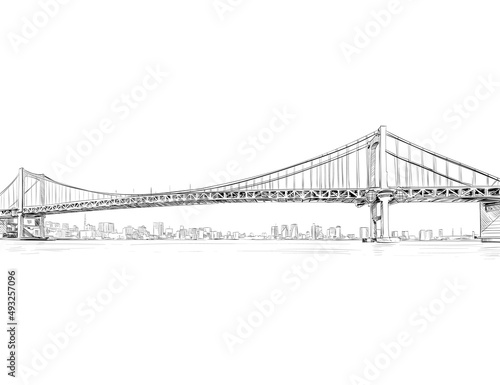 Rainbow bridge. Minato City, Tokyo. Japan. Hand drawn sketch. Vector illustration.